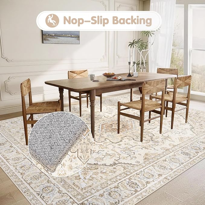Area Rugs 6x9 Vintage Rug: Washable Living Room Rug Retro Medallion Distressed Large Soft Low Pile Non-Slip Indoor Floor Carpet for Bedroom Kitchen Nursery Dining Table Office (BeigeBrown, 6'x9')