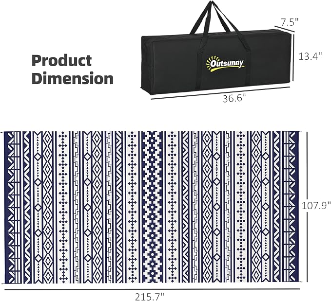 Outsunny Outdoor Rug for Patio, 9' x 18' Waterproof Large Mat, Reversible Plastic Straw Rug for Decor, Portable Outside RV Camping Area Carpet Mat for Backyard Porch Deck Picnic, Blue White Geometric