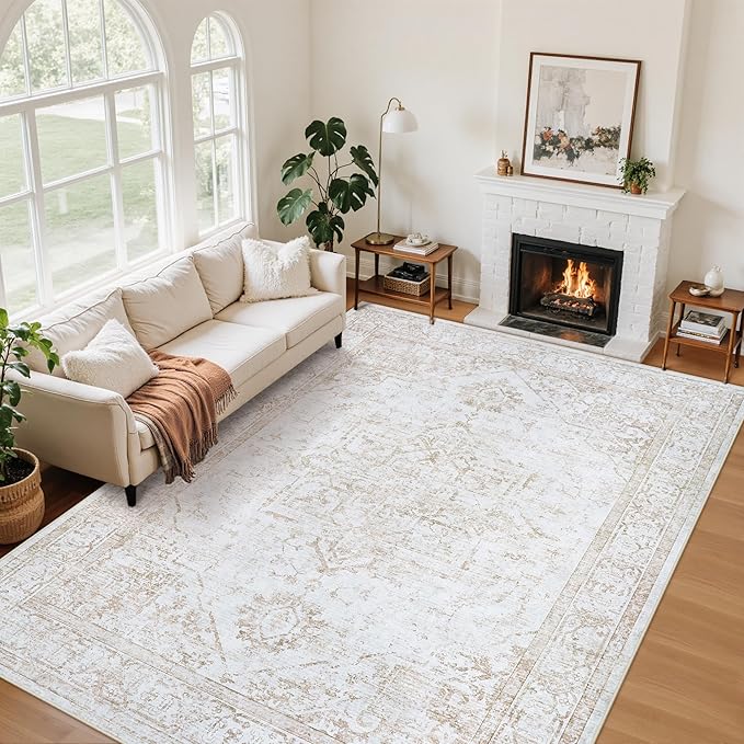 Area Rug 6x9 Living Room Rug Washable Beige Non-Slip Rugs | Vintage Medallion Rug，Soft Low Pile Large Rugs，Indoor Retro Carpet for Bedroom Nursery Dining Table Farmhouse Home Office