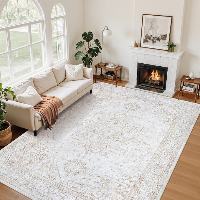 5x7 Washable Area Rugs for Bedroom Beige Non-Slip Rug | Vintage Medallion Rug，Soft Low Pile Large Rugs，Indoor Retro Carpet for Bedroom Nursery Dining Table Farmhouse Home Office