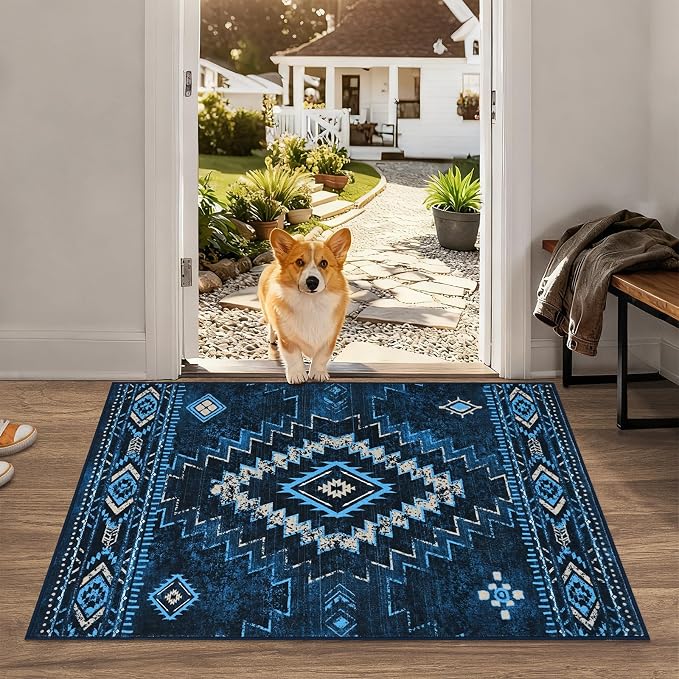 Yinhua Western 2x3 Rug Non-Slip, Aztec Entryway Rugs Low-Pile, Navy Blue | Moroccan Washable Rug Stain Resistant, Front Door Rugs with Rubber Backing for Bathroom Kitchen Hallway