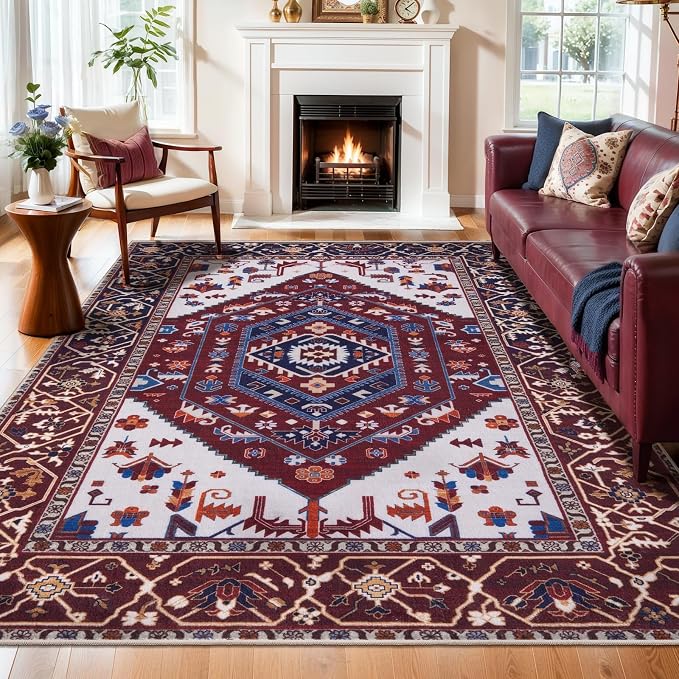 SERISSA 6x9 Washable Non Slip Boho Area Rug for Living Room | Ultra Soft Vintage Oriental Carpet Low-Pile Burgundy Navy Throw Carpet for Dining Room Bedroom Dorm Office Home Decor