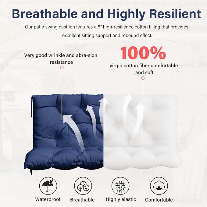 Porch Swing Cushion with Backrest,Waterproof Bench Cushion for Outdoor Furniture,2-3 Seater Replacement Thickened 5 in swing cushion,with Ties,Patio,Outdoor,Backyard and Garden (Blue,47x40 in)