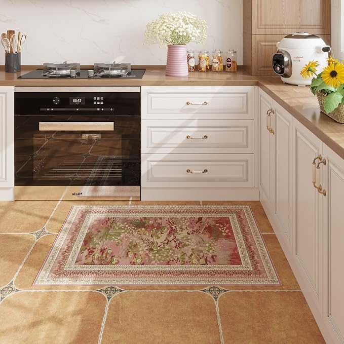 Rugcomf 2x3 Rug Impressionist-Style Vintage Indoor Door Mat Machine Washable Small Area Rug Non-Slip Low Pile Throw Rugs for Entryway Kitchen Front Door Indoor Entrance Entry Kids Room, Pink