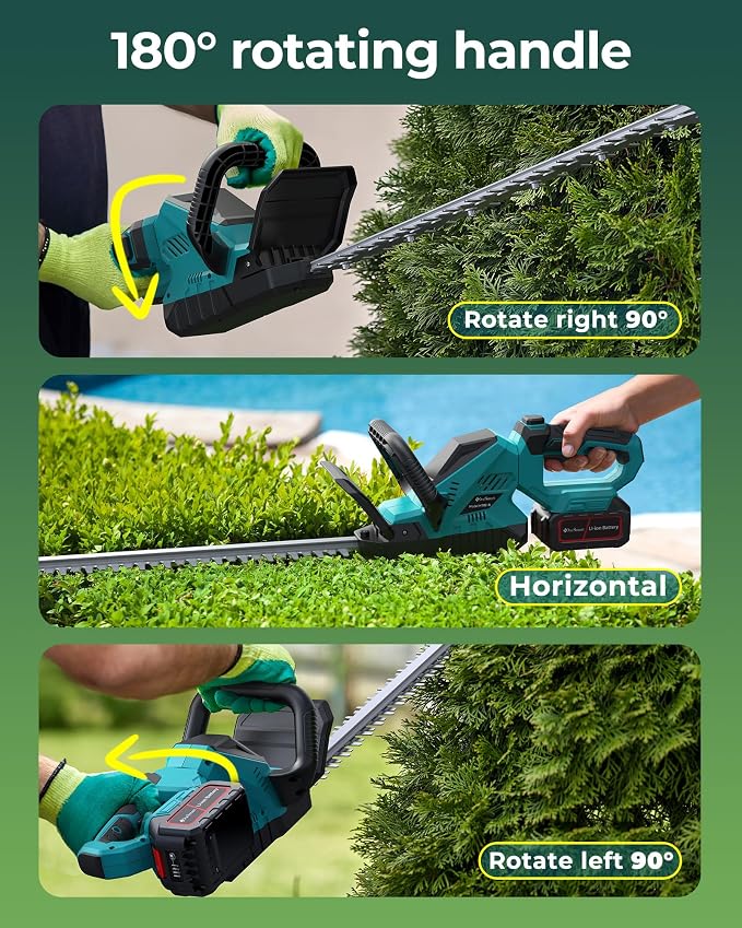Hedge Trimmers Cordless with 2pcs 4000mAh Battery, Brushless Electric Handheld Bush Clipper with Rechargeable Batteries, 3000RPM 180° Rotatable Head, 2/3'' Blade Gap, Gifts for Men Dad