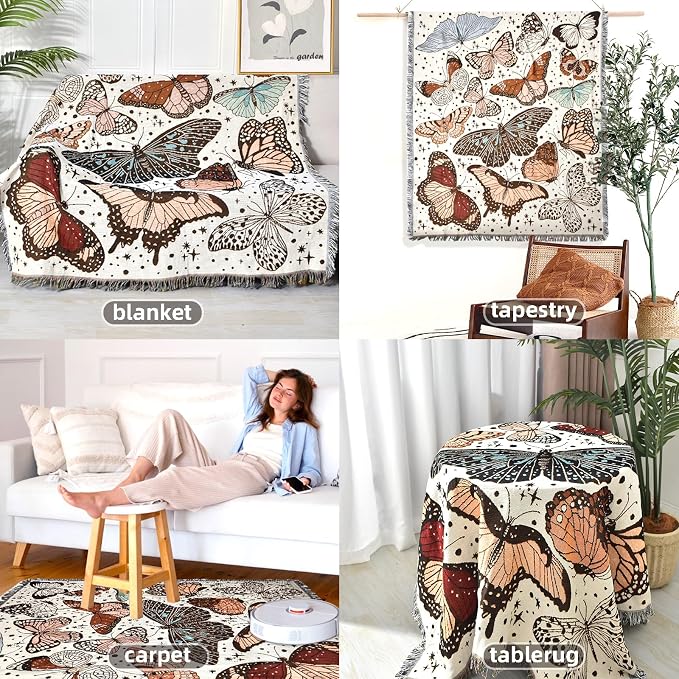 Boho Throw Blanket Reversible Cotton Bohemian Tapestry Hippie Room Decor Double Sided (Month Moth Print 50"x60")