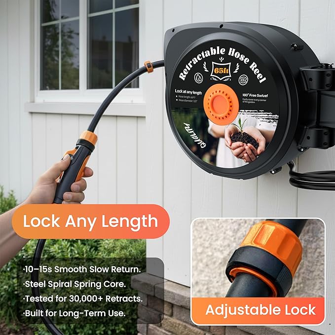 Retractable Garden Hose Reel, 1/2 in x 65 ft Wall Mounted Hose Reel Heavy Duty with 10-Function Sprayer Nozzle, Any Length Lock, Slow Return System, 180°Swivel Bracke for Large Yard Lawn Car Washing