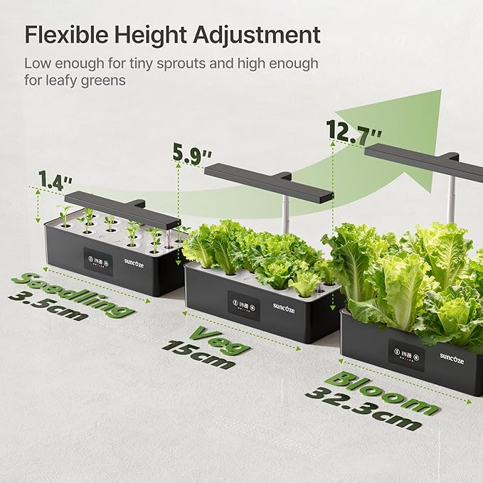 SUNCOZE Hydroponics Growing System Kit with 24W Dimmable LED Light, Black | 12 Pods Indoor Herb Garden with Timer & Local Time Setting, Adjustable Height, Smart Countertop Garden for Home & Kitchen