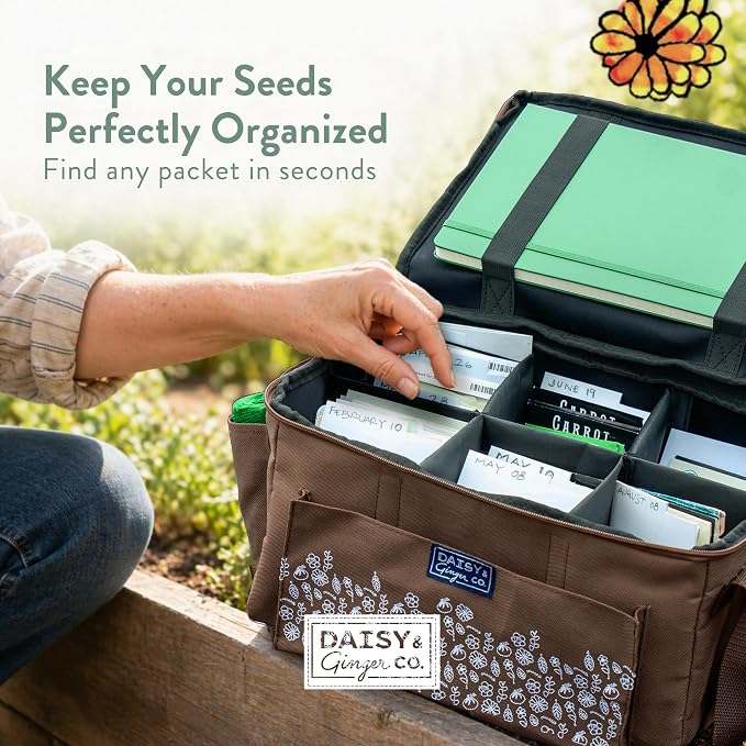 SEED STORAGE ORGANIZER TOTE BAG - Flexible Canvas Seed Organizer Holds 180 Seed Packets with Shoulder Strap, Side Pockets and 12 reusable Tabs for Gardeners | Water Resistant Bottom, Notebook Straps