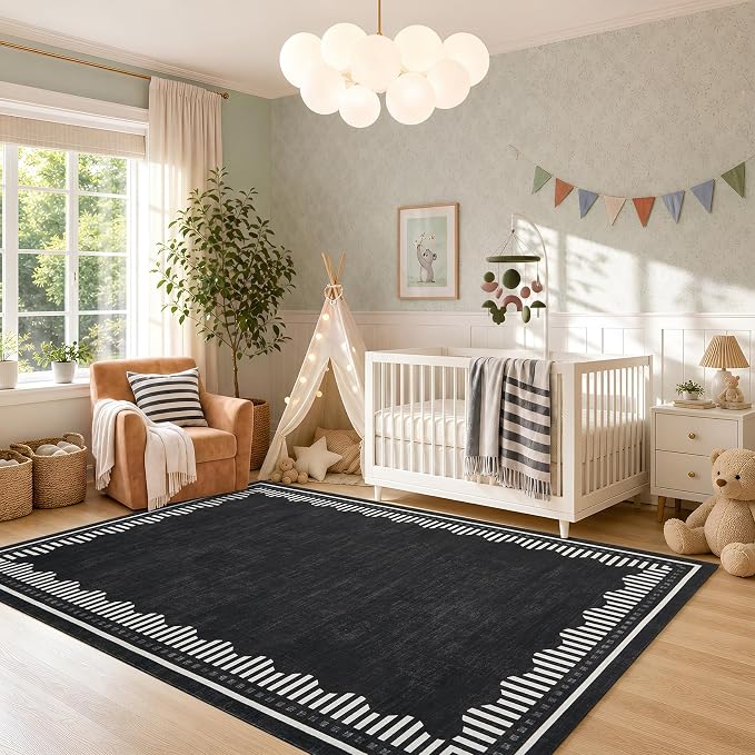 Garvee 8x10 Washable Living Room Area Rug Scalloped Neutral Non Slip Rugs | Modern Geometric Solid Color Bedroom Dining Room Throw Carpet Low Pile Stain Resistant Nursery Home Office Area Rugs