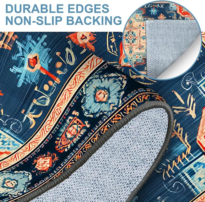 Navy Blue Coral Tribal 2x3 Entry Rug,Washable Small Rugs for Entryway Kitchen Bathroom Door Mat Indoor Entrance,Non Slip Rubber Backing,Stain & Fade Resistant,Bohemian Southwestern Decor