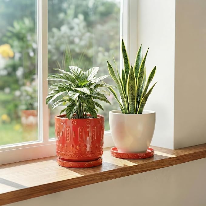 Eightpot 2 Pack Plant Water Catcher Tray, 5.6 Inch Plants Plates to Catch Water, Round Ceramic Plant Saucers for Indoors Outdoors, Boho Plants Dishes to Catch Water, Decorative Flower Pot Trays, Red