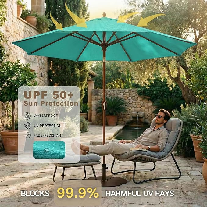 Kingdura 10FT Outdoor Patio Umbrella, Round Market Table Umbrella with Push‑Button Tilt and Crank Lift, 8 Sturdy Metal Ribs, UV50+ Protection Canopy for Backyard, Lawn, Deck, Poolside, Garden (Tiffany blue)