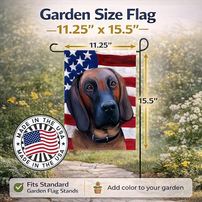 Caroline's Treasures CK6557GF Hanover Hound Dog American Flag Garden Flag Mailbox Flag Decorative Yard Flag Banner Outside Patio Artwork Yard Flower Beds, Garden Size, Multicolor