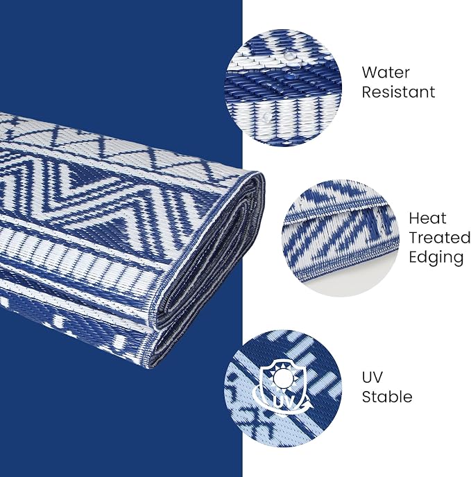 Blue Outdoor Rug Waterproof 5 x 8 ft, Reversible Plastic Straw Rug for Patio, Large Outdoor Carpet for RV, Patio, Camping, Backyard, Deck, Picnic, Beach, Navy & White