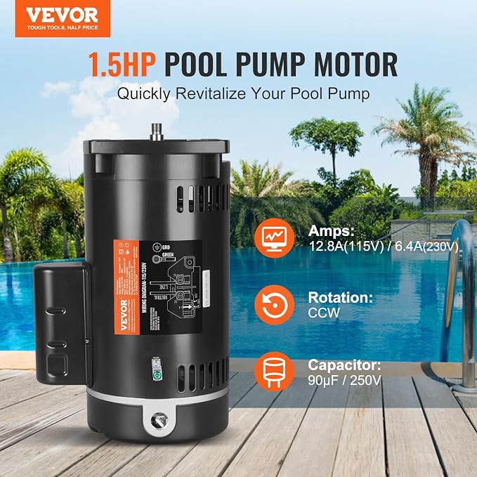 VEVOR 1.5 HP Pool Pump Motor, 56Y Frame, 115V((12.8 Amps))/230V(6.4 Amps) 3450 RPM, 60Hz, 1.1 Service Factor, 90μF/250V Capacitor, CCW Rotation Square Flange Replacement Motor