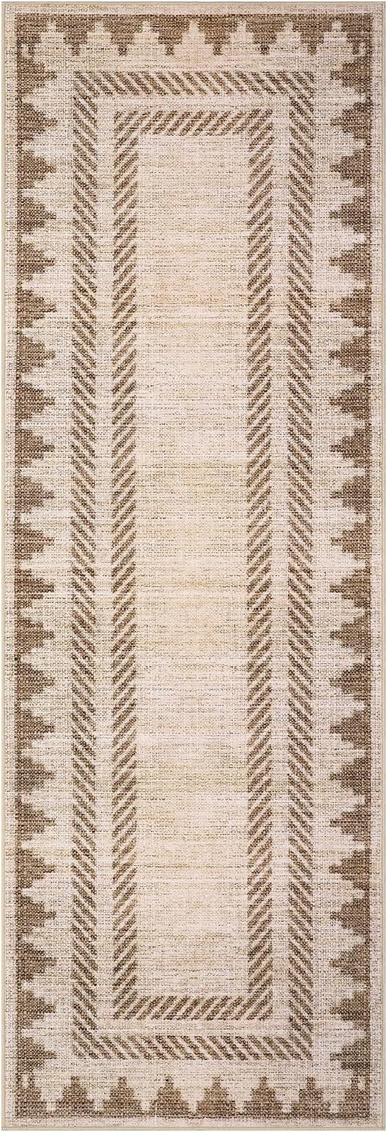 GarveeHome Modern Geometric Runner Rug 2x6 Washable Hallway Runner Unique Bordered Neutral Bathroom Rug Non Slip, Non Shedding Stain-Resistant Kitchen Mat, Soft Low Pile Neutral Carpet for Laundry,Tan