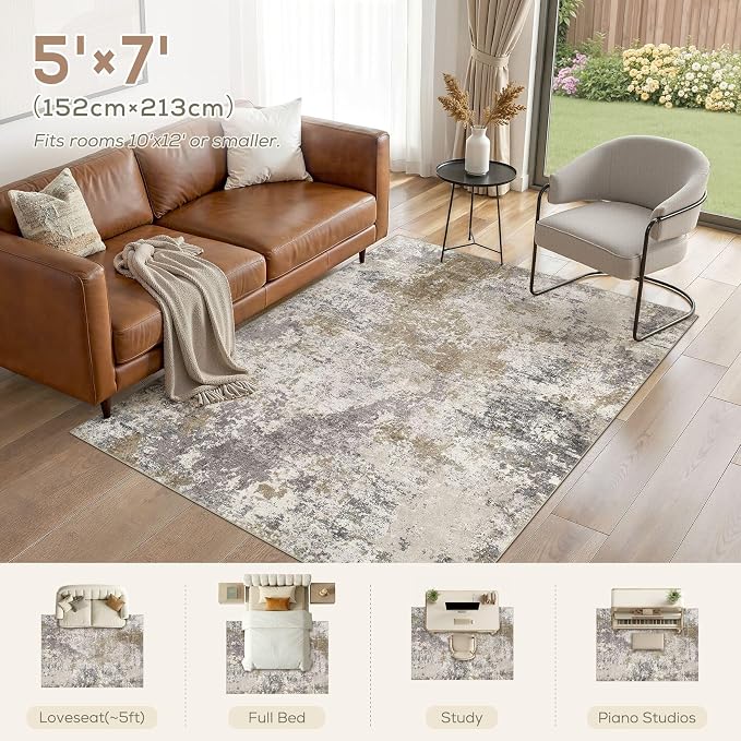 Nakagishi 5X7 Abstract Washable Area Rugs for Living Room-Brown Grey | Modern Non-Slip Silicone Backing Low Pile Soft Carpet for Bedroom Dining Decor for Families with Kids and Pets