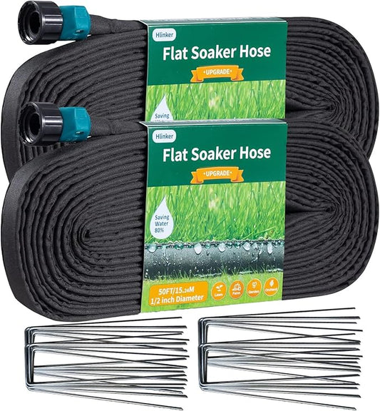 Hlinker 2026 Flat Soaker Hose 100 ft (50ft 2Packs) with Stake for Garden, Linkable Drip Hose Diy Automates Garden Irrigation System Saving 88% Water, Dual-layer Leak-free Design Water Hose with Holes