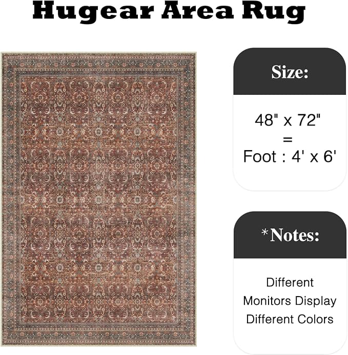4x6 Brick Red Vintage Distressed Washable Area Rug for Entryway | Low Pile, Non Slip, Retro Style, Soft Distressed Indoor Rug for Entryway, Kitchen, Bathroom, Door Mat, Home Decor