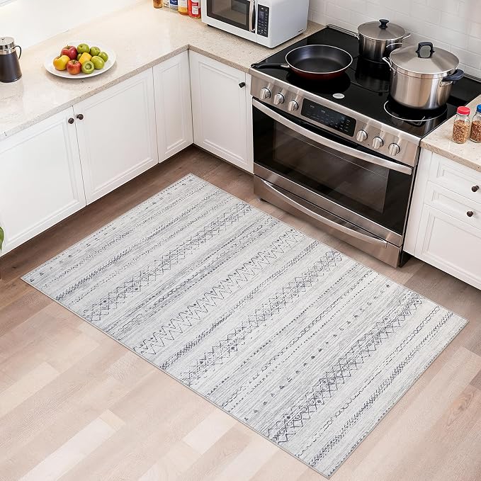 cotiled Washable 3x5 Entryway Rugs: Boho Moroccan Soft Small Rug | Solve Modern Neutral Trendy Home Decor - Low Pile Stain Resistant for Bathroom Entryway Kitchen Grey