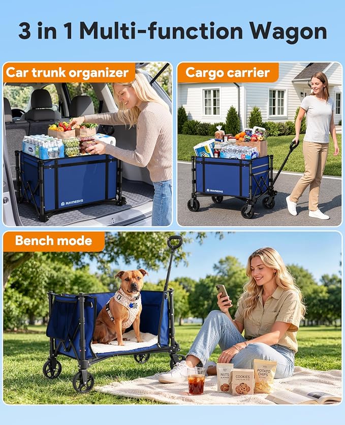 Raynesys Collapsible Wagon Cart with Wheels 220lbs Foldable Wagon 120L Shopping Cart for Groceries Folding Utility Wagon for Beach, Garden, Camping, Sport, Wheelbarrows, Indigo