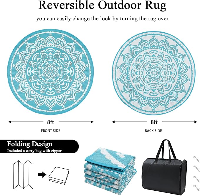 Bsmathom Waterproof Outdoor Rug 8ft Round Reversible Boho Plastic Straw Patio Deck Camping Rugs, Indoor Outdoor Portable RV Mat Carpet for Outside, Porch, Balcony, Backyard, Beach, Pool,Teal