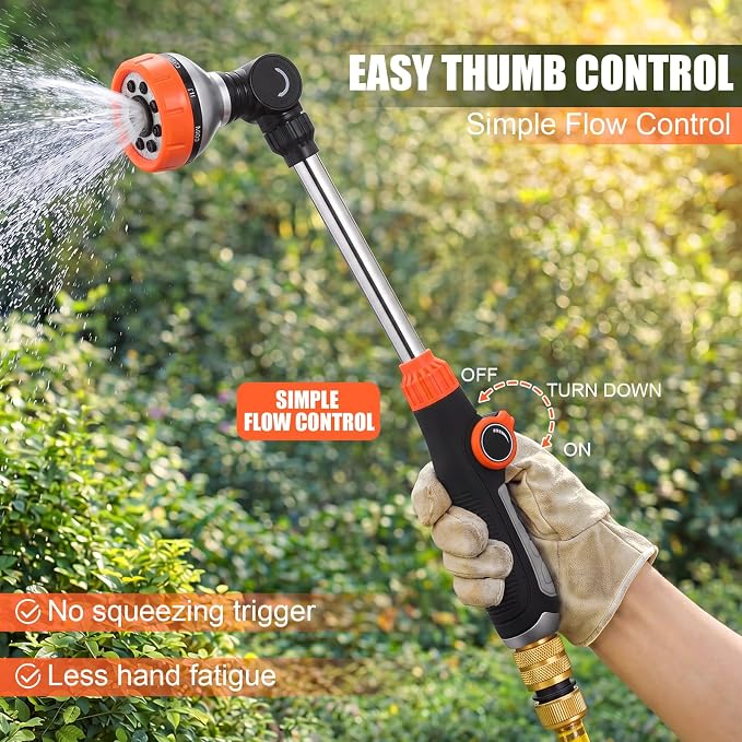 Hushee 4 Pack 18.5-Inch Metal Watering Wand with 180° Rotating Head, 8 Adjustable Spray Patterns & Thumb Control Nozzle – Perfect for Hanging Baskets, Shrubs & Plants, Durable Garden Hose Sprayer