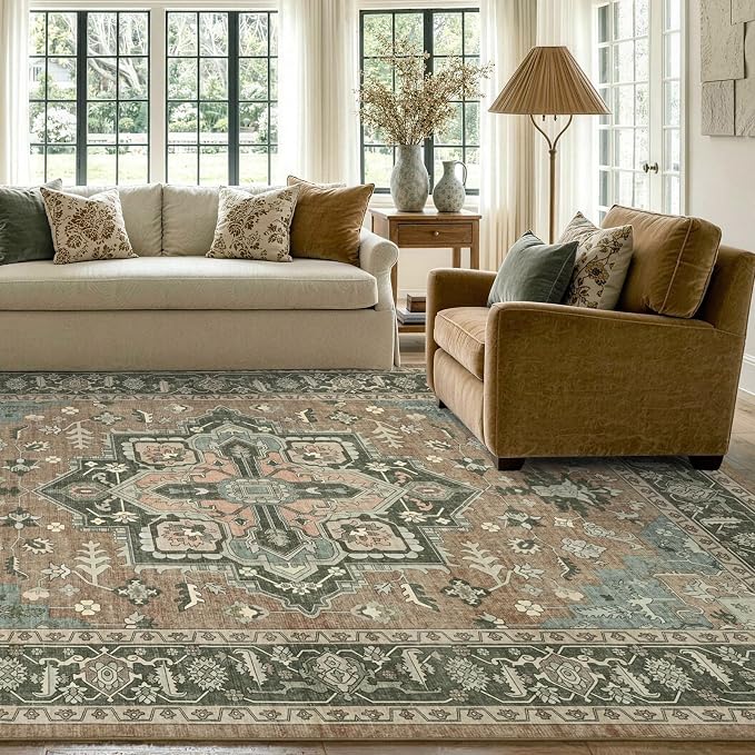 6x9 Ft Large Area Rugs for Living Room, Soft Non-Slip Machine Washable Rug, Vintage Stain Resistant Carpets for Bedroom Nursery Dining Room Home Decor (Brown)