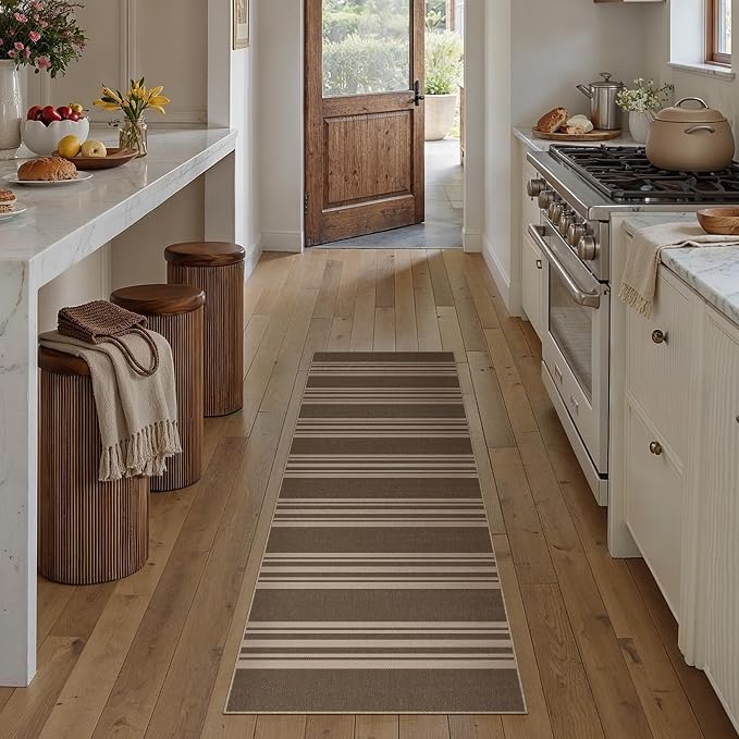 PureCozy Striped Easy Jute 2x6 Kitchen Runner Rug Brown Washable Carpet for Hallway Non Slip Farmhouse Neutral Non Shedding Indoor Outdoor Long Rug Bathroom Bedroom Laundry Entryway