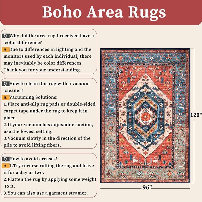 SERISSA 8x10 Washable Non Slip Boho Area Rug for Living Room，Rust | Ultra Soft Vintage Oriental Carpet Low-Pile Distressed Tribal Throw Carpet for Dining Room Bedroom Dorm Office Home Decor