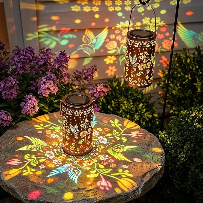 2 Pack Colorful Hummingbird Solar Lanterns Outdoor Waterproof, Decorative Metal Hanging Lantern Hummingbird Solar Lantern for Porch Yard Tabletop Path Garden Decor, Ideal Gifts for Mom Wife Grandma