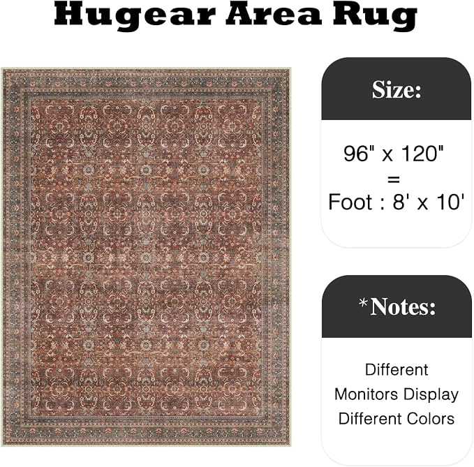 8x10 Brick Red Vintage Distressed Washable Area Rug for Living Room | Low Pile, Non Slip, Retro Style, Soft Distressed Large Area Rug for Living Room, Bedroom, Dining Room, Office, Home Decor