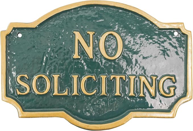 Montague Metal Products Montague No Soliciting Statement Plaque, Cast Metal No Soliciting Statement Sign - WALL Display Plaque - Warning Sign - Business - Easy to Install - UV Resistant (Green with Gold Letter, 4.5" x 7.15")