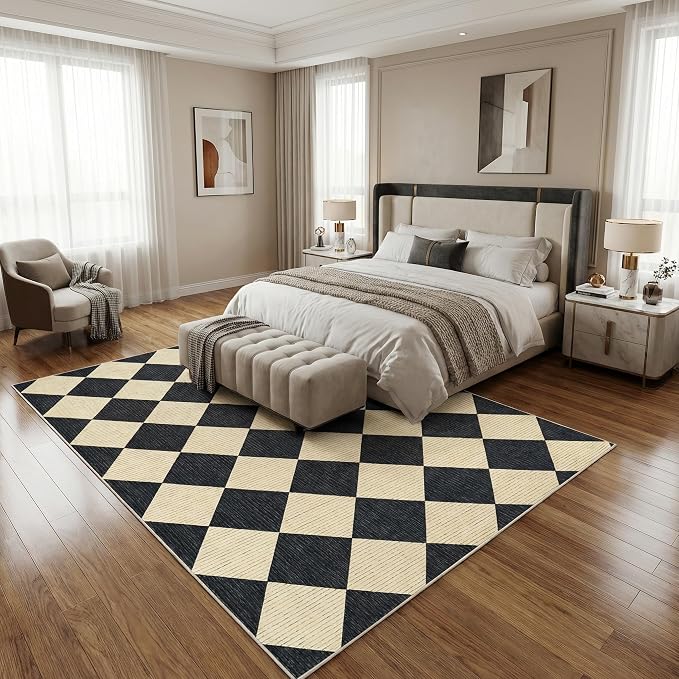 GarveeHome Area Rugs 9x12 Living Room Checkered Large Black Washable Rug | Diamond Non Slip Backing Floor Mat Indoor Soft Thin Carpet for Bedroom Dining Room Playroom Nursery Home Decor