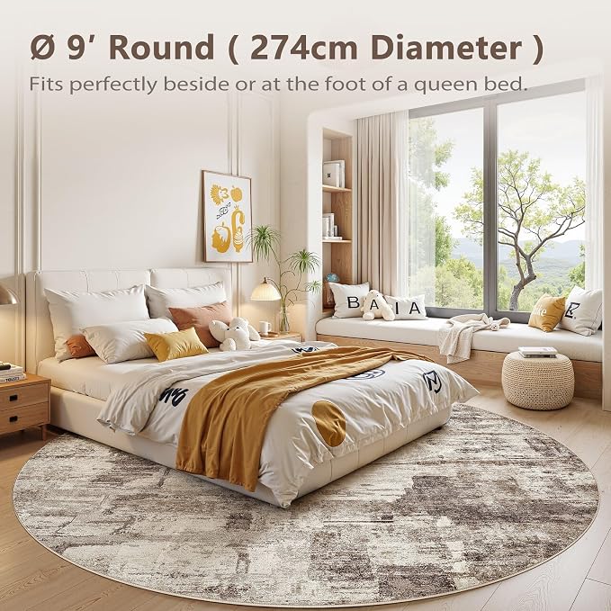 kakania Abstract 9x9 Round Rugs for Living Room: Circle Rugs 9FT Brown | Washable, Soft, Non-Slip, Low-Pile, Pet & Kid Friendly - Large Modern Home Decor Carpet for Bedroom/Dining Room/Nursery