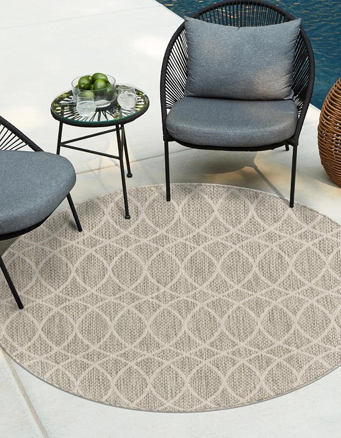 Unique Loom Outdoor Trellis Collection Area Rug - Gitter (10' Round, Light Gray/ Ivory)