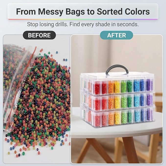 Diamond Painting Storage Container, 3-Tier Bead Organizer Box with 150 Slots, Stackable Crafts Organizers for DIY Diamond Art Craft Jewelry Bead Storage