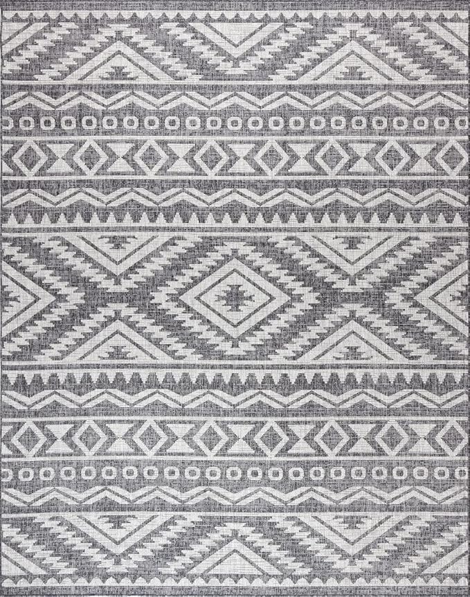 Gertmenian Indoor Outdoor Area Rug, Classic Flatweave, Moroccan Collection II, Stain & UV Resistant Carpet, Deck, Patio & Mudroom, 9x13 Extra Large, Gray Beige Abstract Tribal Dimension, 19492