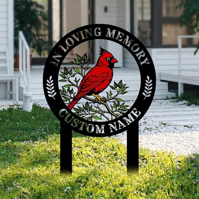 Personalized Cardinal Metal Sign with Stakes, Custom Garden Yard Decor Outdoor, Memorial Gift for Mom, Garden Plaque Gifts for Memorial, Remembrance loss loved Ones Grave Marker