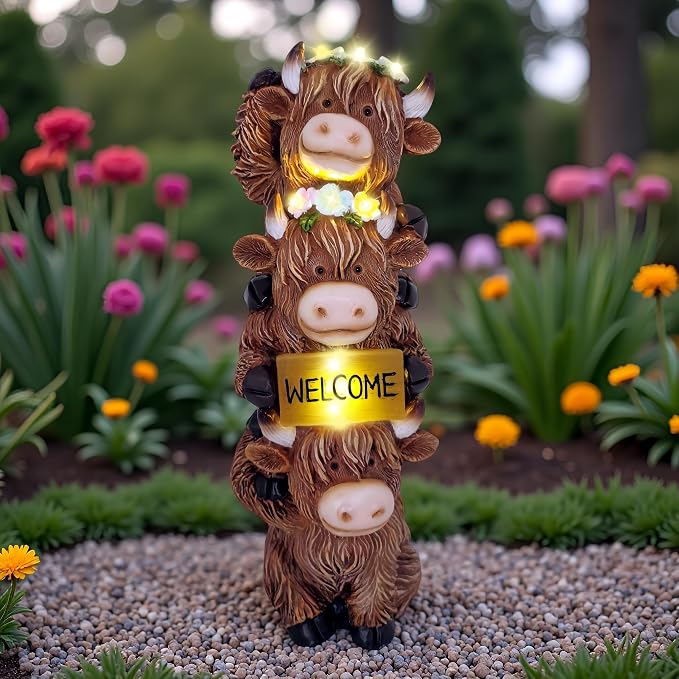 12 Inch Highland Cow Statue Solar Outdoor Decor for Yard Patio Front Door, Farmhouse Porch Decoration Animal Cattle with Led Welcome Sign Flowers Light, Home Ornaments for Outside, Mom's Gifts