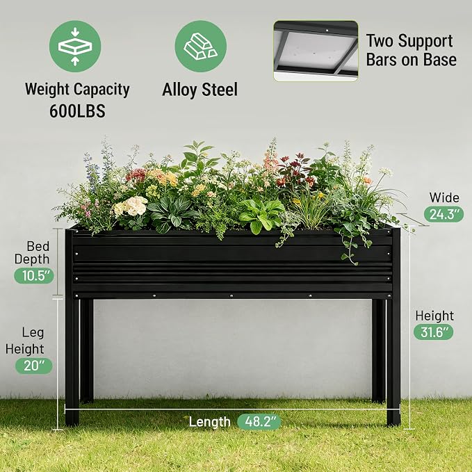 WORKPRO 48x24x32in Outdoor Galvanized Raised Garden Bed with Legs, 600LB Elevated Planter Box for Vegetable, Flowers, Herbs, Black