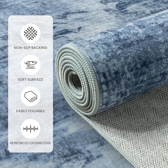 5x7 Abstract Distressed Area Rug for Living Room Washable Non-Slip | Soft Throw Rug for Bedroom with TPR Backing, Kid and Pet Friendly Low Pile Carpet for Entryway, Under Crib, Bed Side, Blue