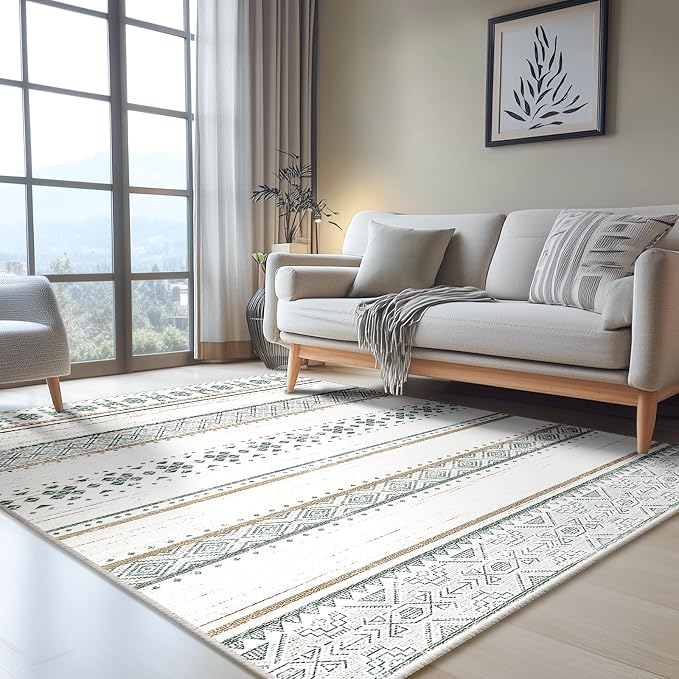 3x5 Washable Area Rugs for Living Room Boho Bathroom Rug Green/Brown | Vacuum Friendly, Machine Washable, Non-Slip Rug, Stain Resistant, Moroccan Geometric, Low Pile Carpet, Entryway Kitchen