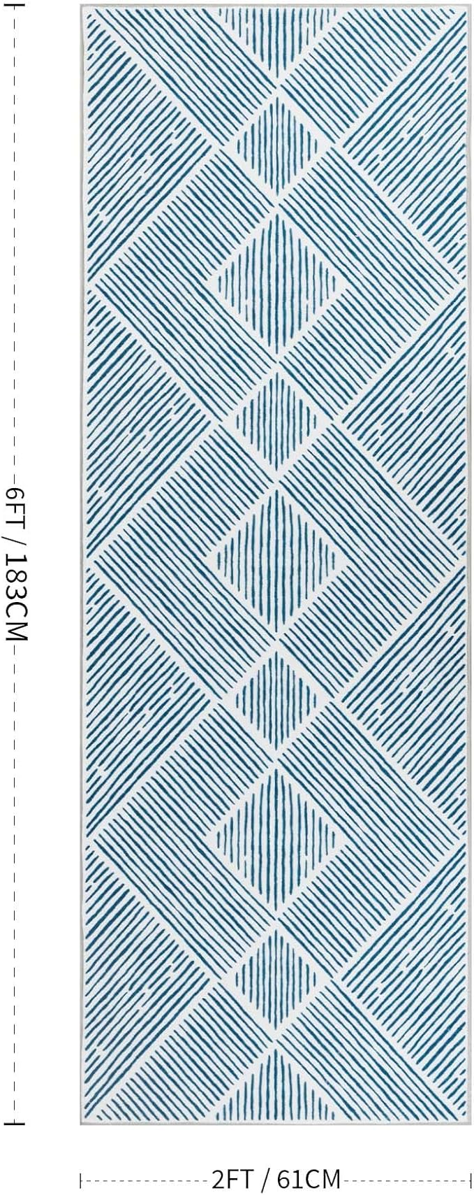 2‘x6' Washable Blue and White Geometric Runner Rug for Kitchen | Non-Slip, Low Pile, Stain Resistant, Modern Navy Blue Stripe Long Rug for Hallway Entryway Bedroom