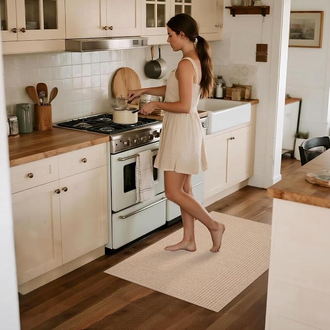 Outdoor Easy Jute Rug 2x3: Modern Natural Area Rugs for Front Patio Hallway Linen-Look Fabric Durable - Neutral Washable Mat for Entryway Kitchen Bedroom - Beige Stripes