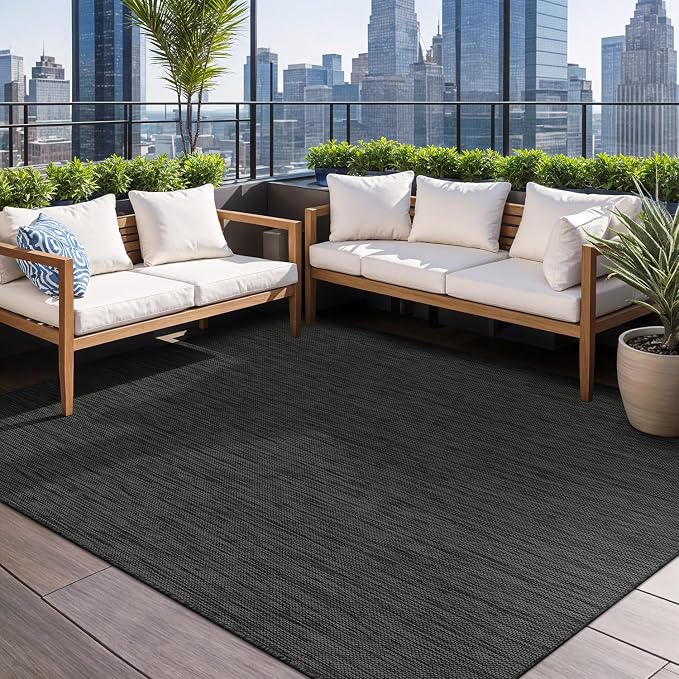 Beverly Rug Indoor Outdoor Rug 8x10, Washable Outside Carpet for Patio, Deck, Porch, Solid Modern Area Rug, Water Resistant, Dark Gray