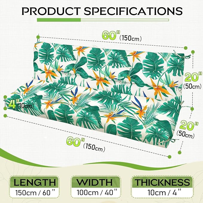 Outdoor Swing Cushion with Backrest, Tie Straps & Memory Foam - Replacement for Porch Bench 2/3 Seater, Oxford Fabric (Monstera Green, 60 INCH × 40 INCH)