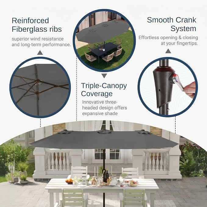 15FT Large Patio Umbrella with Base Included, Double Sided Outdoor Market Umbrella with Flexible Fiberglass Ribs, UV-Blocking Extra Large Umbrella for Garden, Pool, Deck, Gray