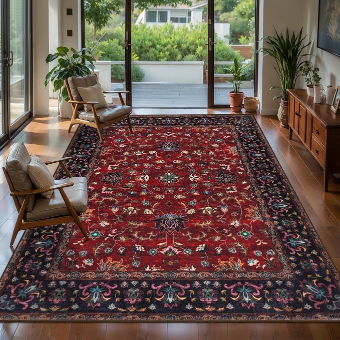 Tangsoo Vintage 3x5 Rugs, Washable Non Slip Accent Rugs for Entryway Red | Farmhouse Print Indoor Carpet, Boho Soft Low Pile Oriental 3x5 Area Rug for Living Room Dorm Bedroom Bedside Bathroom Decor